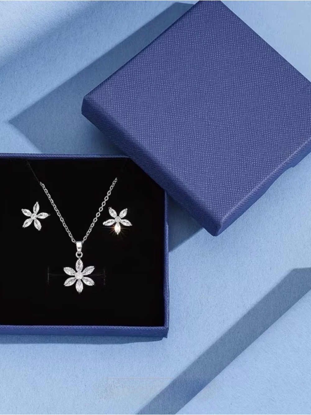 Silver Floral CZ Necklace and Earring Set - Silver